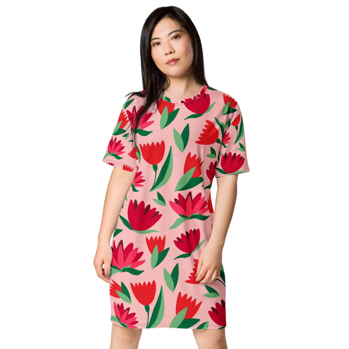 Unisex Pink Red and Green Tulip Floral Print T-Shirt Dress - Casual Short Sleeve Crew Neck Tee (1)