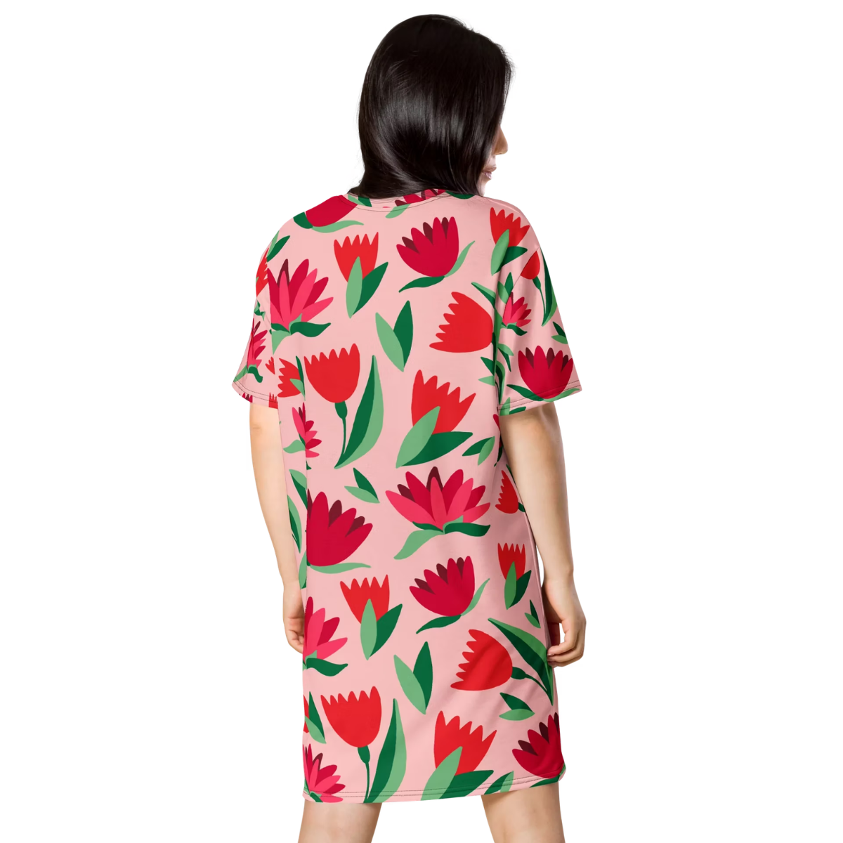 Unisex Pink Red and Green Tulip Floral Print T-Shirt Dress - Casual Short Sleeve Crew Neck Tee (2)