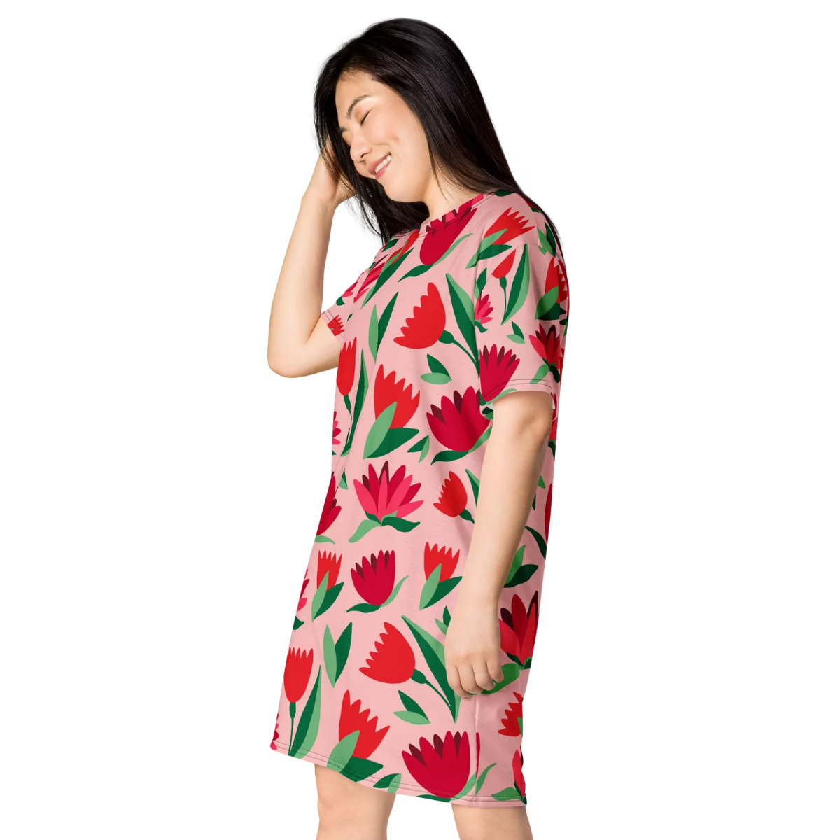 Unisex Pink Red and Green Tulip Floral Print T-Shirt Dress - Casual Short Sleeve Crew Neck Tee (3)