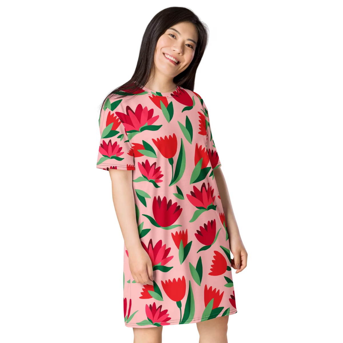 Unisex Pink Red and Green Tulip Floral Print T-Shirt Dress - Casual Short Sleeve Crew Neck Tee (4)